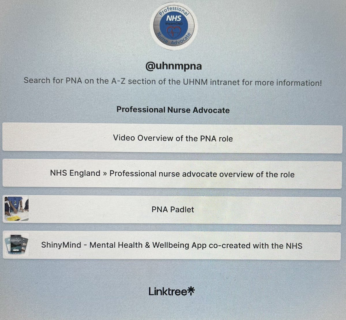 LydiaHodgkins's tweet photo. Bringing all our links and resources relating to the #professionalnurseadvocate role @UHNM_NHS into one place with our @Linktree_ ! Including our @padlet ⭐️ 
@LisaJohnsCPF @karenwhitehur10 @CarolLloydBenn1 @AnnMarieRiley10 @kirstysmithRMN @VickyGolden16 https://t.co/CxpvyVGhqa