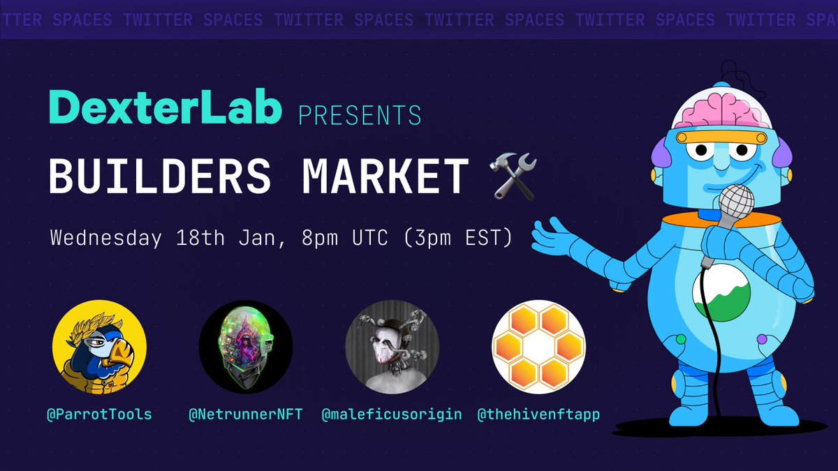 Builders Market is back! 🛠️

For Solana OGs that are never leaving 💜

Guests: 
🦜 <a href="/ParrotTools/">Prosperous Parrots 🦜</a> 
🧾 <a href="/NetrunnerNFT/">netRunnerNFT</a> 
🌎 <a href="/maleficusorigin/">The Origins</a> 
🐝 <a href="/thehivenftapp/">Hive NFT App</a>

And more friends 🤝

🔁 RT to enter 100 USDC raffle &amp; DM
👇 Set reminder for LIVE $BONK giveaway!
x.com/i/spaces/1yNGa…