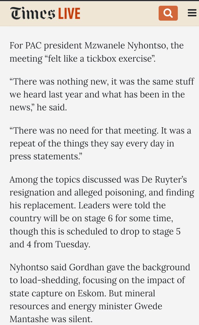 NYHONTSO: "IT WAS A TICKING THE BOX EXERCISE"

PAC president lambasts government-commissioned meeting of opposition party leaders

Opposition party leaders got no joy from their meeting with President Cyril Ramaphosa on Sunday night to discuss the rolling blackouts. <a href="/timeslive/">Times LIVE</a>