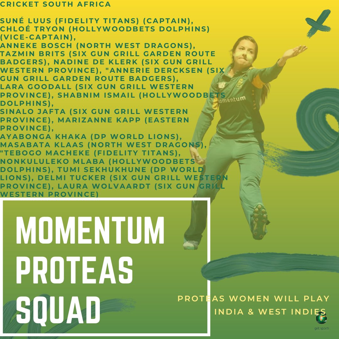 #GritSports | Cricket 🏏 

🚨 | Momentum Proteas Name Squad For Tri-Series 

@ProteasWomenCSA @Momentum_za #MomentumProteas 
#AlwayRising #BePartOfIt