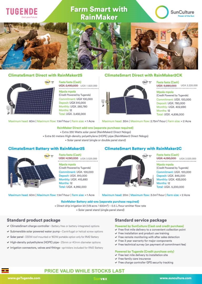 SunGeek_1's tweet photo. Farm Smart 🚜with RainMaker solar equipment courtesy of #SunCulture 🇺🇬 at fair prices today. Harness the power sunshine🌤️ with #ClimateSmartDirect ☀️and #ClimateSmartBattery ☀️🔋 products at a fair price from https://t.co/ClDcmZYq4e today. #PowerOftheSun #SunCulture🇺🇬 🌍#DM2buy https://t.co/Hc70WQSASE