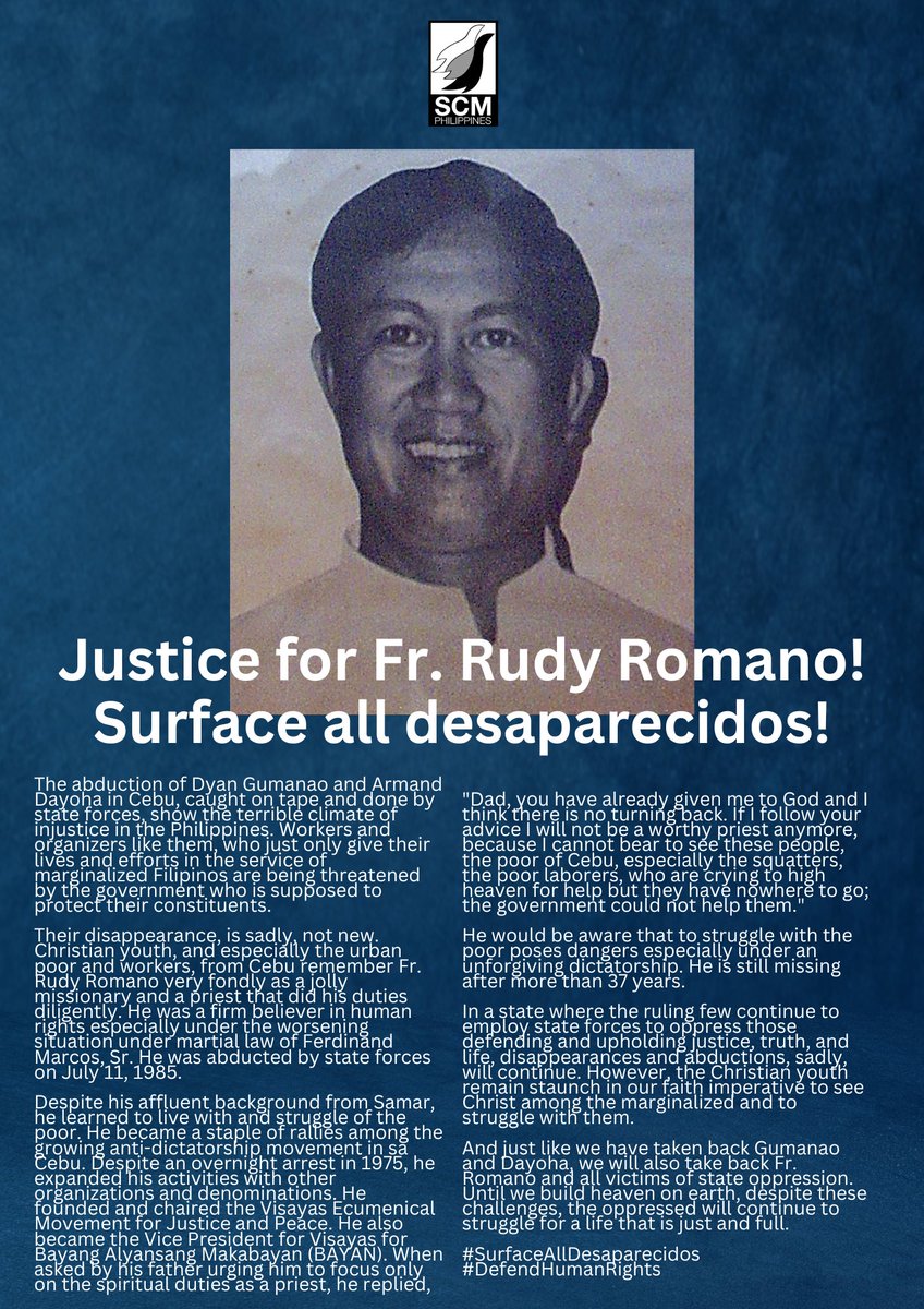 Justice for Fr. Rudy Romano!
Surface all desaparecidos! 

#SurfaceAllDesaparecidos
#DefendHumanRights