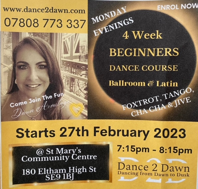 4 weeks beginners dance course starting on 27th February at St Mary’s, enrol now! Contact Dawn on 07808 773 337 or at dance2dawn.com #dance #eltham #enrolnow