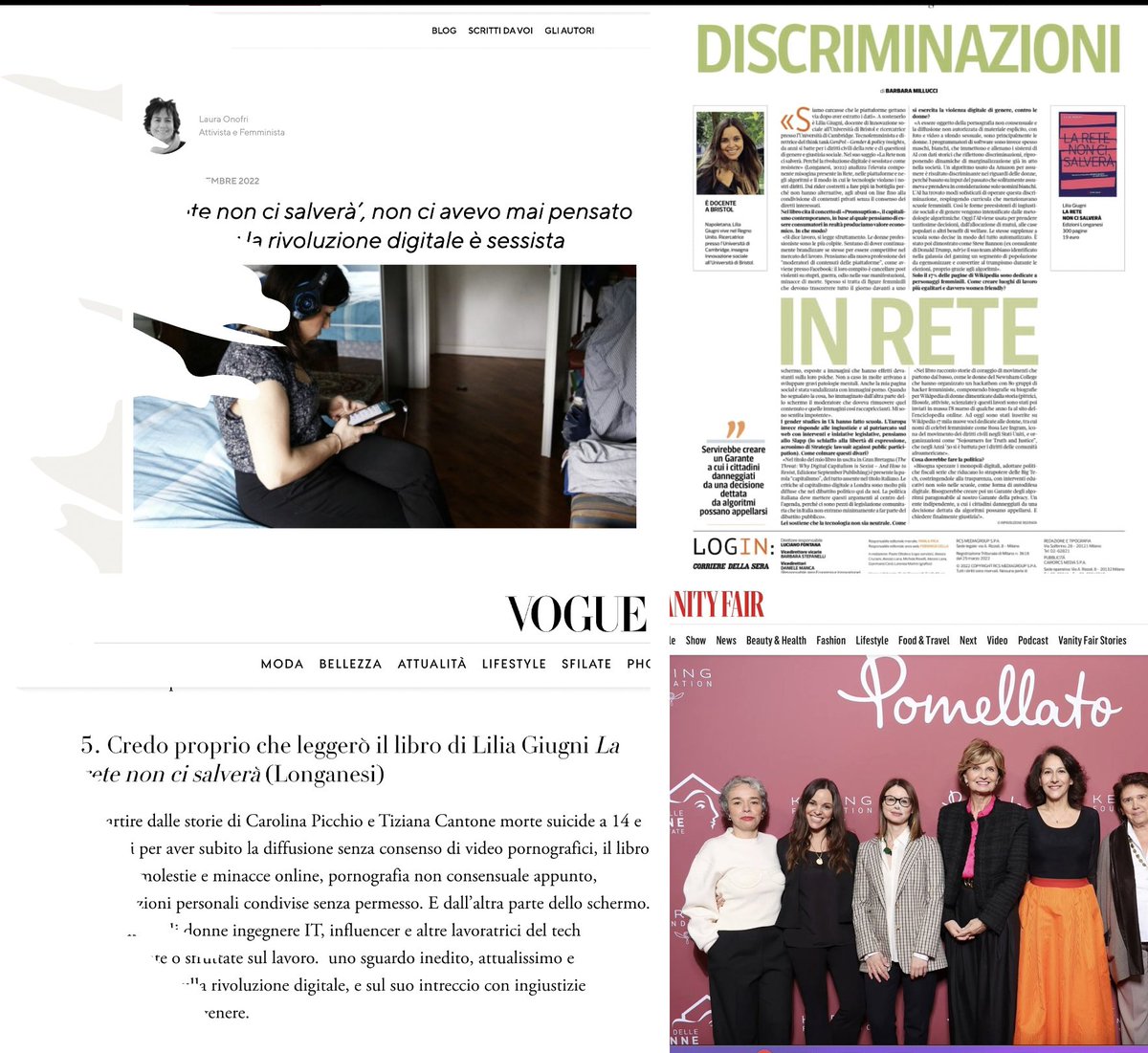 Some recent press on my #book 'The Threat', with heartfelt thanks to @Vogue_italia, @VanityFairIt, @fattoquotidiano and @Corriere for the space devoted to my work. #technology #feminism @LibriLonganesi @septemberbooks
