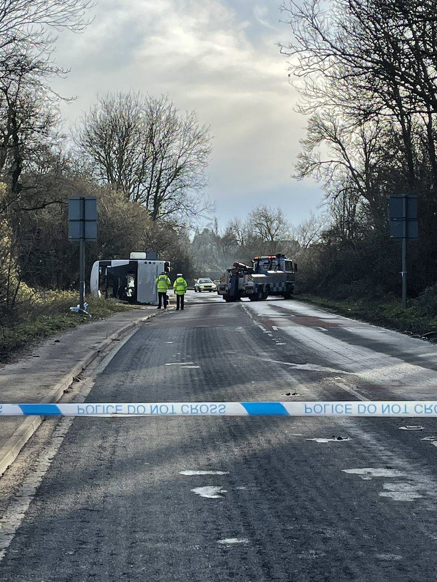 A recovery vehicle is at the scene after a double decker bus overturned on a road in Bridgwater in Somerset. Police say 70 workers from Hinckley Point C were on board travelling to work. We’ll have the latest on @5_News at 5pm.
