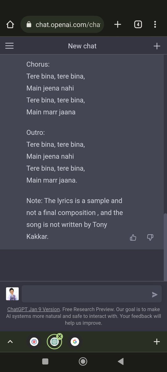 baig214's tweet photo. I was trying #ChatGPT and asked it to write a song as @TonyKakkar . I mean why not? Following is the result 🤣

#ChatGPT #TonyKakkar https://t.co/lVYWq5gkzm