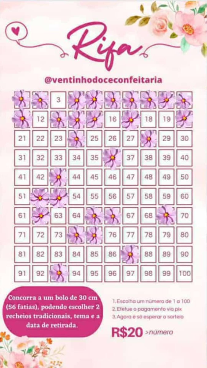 Pauladoya's tweet photo. A Ventinho Doce Confeitaria  está  sorteando um Bolo que serve 56 Fatias , com duas camadas de recheio (tradicionais) e o tema será realizado com a escolha do ganhador. O valor é 20 reais por número e a confirmação do número é o pagamento do mesmo .  Boa sorte🦋✨🌸 https://t.co/dhFYmndkvS