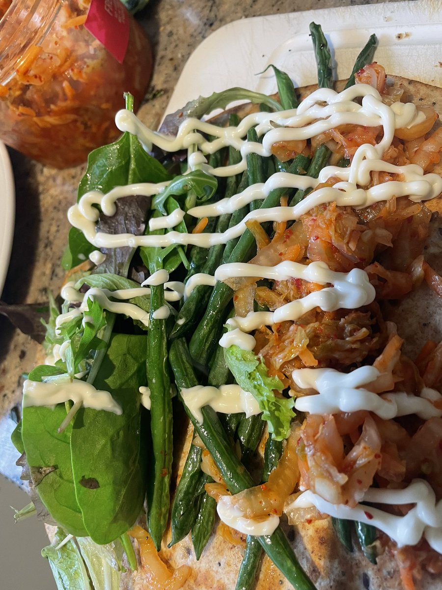 joemuggs's tweet photo. Craved some fat and spice, so stir fried green beans, half a jar of kimchi, herb salad, mayo. Deeply satisfying. #wrapgame https://t.co/XKsg4RN1K0