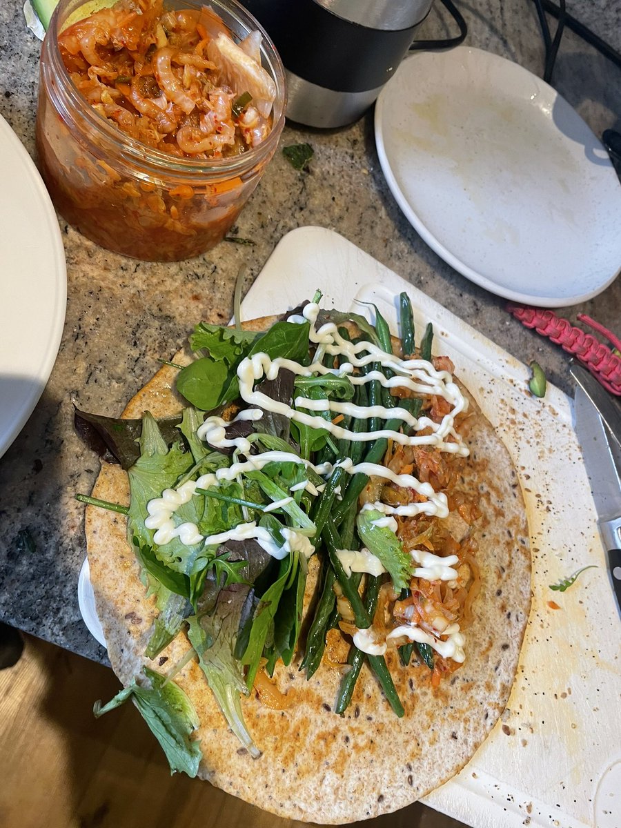 joemuggs's tweet photo. Craved some fat and spice, so stir fried green beans, half a jar of kimchi, herb salad, mayo. Deeply satisfying. #wrapgame https://t.co/XKsg4RN1K0