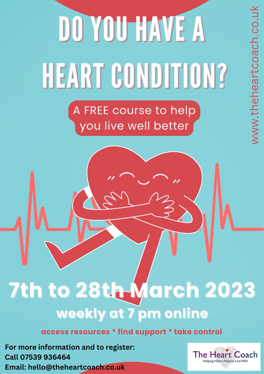 New course for heart patients to support better quality of life. Practical - motivational - enhancing wellbeing. Registration open but limited places so book quick. HCP referrals welcome. Get in touch by email: hello@theheartcoach.co.uk