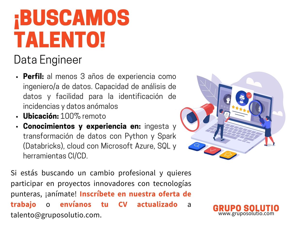 Grupo_Solutio's tweet photo. Buscamos #DataEngineer para incorporación estable y en remoto en proyectos del sector deportivo y media.
➡Aplica aquí: https://t.co/ebP3pzhe07
➡Envíanos tu CV a talento@gruposolutio.com
#SolutioTalent #IngenierodeDatos #Python #Spark #Azure #cloud #CICD #SQL #Databricks https://t.co/siD0StGVua