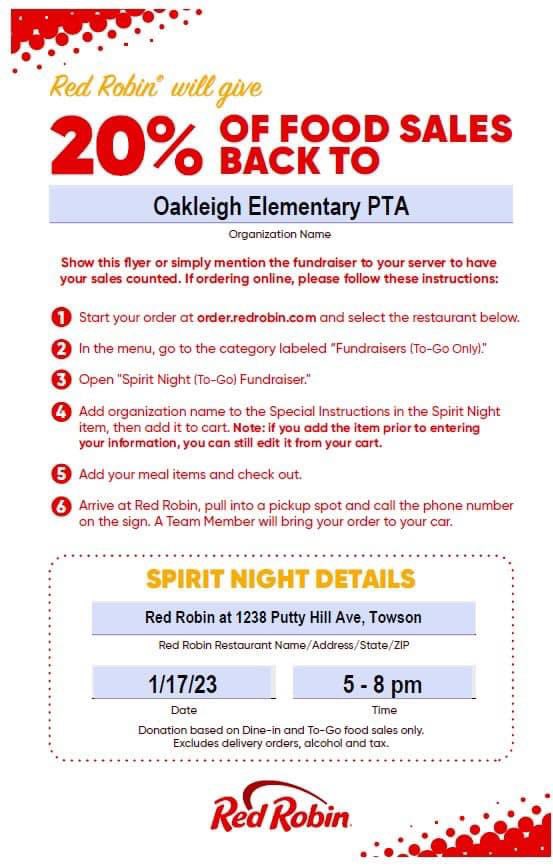 Help support <a href="/EsOakleigh/">Oakleigh ES_BCPS</a>’s PTA tonight  from 5-8pm at <a href="/redrobinburgers/">Red Robin</a> on Putty Hill Avenue. The PTA will earn 20% of the food sales. Please mention to your server that you are there for Oakleigh’s Spirit Night! #iamoakleigh #OakleighsSpiritNight #pta #oespta