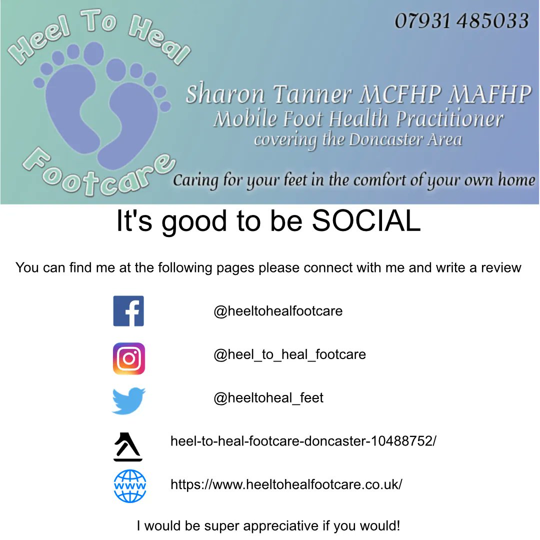 I am trying to grow my network of clients and reach a wider audience. I would appreciate if you would connect with me & share my footcare victories!

#bizhour #northeasthour #doncasterisgreat #SouthYorkshire #southyorksbiz #footcare #foothealth #heeltohealfootcare #treatyourself