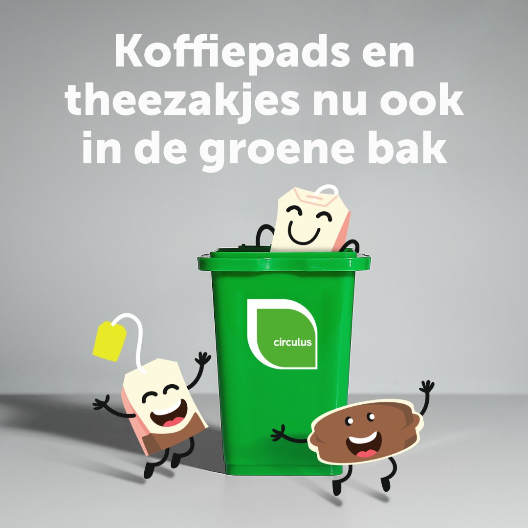 Theezakjes en koffiepads mogen nu ook in de groene bak! Minder restafval, meer compost: dat is goed nieuws. Op bit.ly/3XbaFt1 leest u er meer over. Weten wat in welke bak/container hoort? U vindt de 'wat-hoort-waar-wijzer' in de Circulus-app én op circulus.nl/wat-hoort-waar