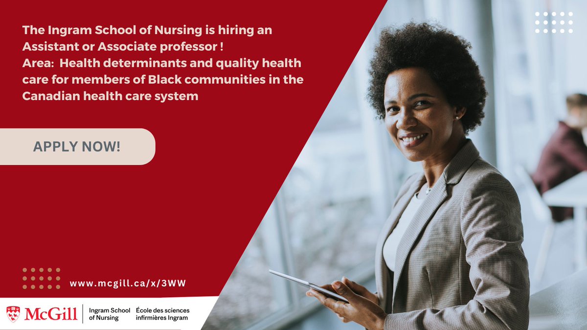 📣We're hiring! #Tenuretrack #Nursing role
Area: #HealthDeterminants & quality #HealthCare for members of Black communities in the #CanadianHealth care system
mcgill.ca/x/3WW

#NursingJobs #AcademicJob #NursingCareers #AcademicTwitter #NursingResearch #PublicHealth