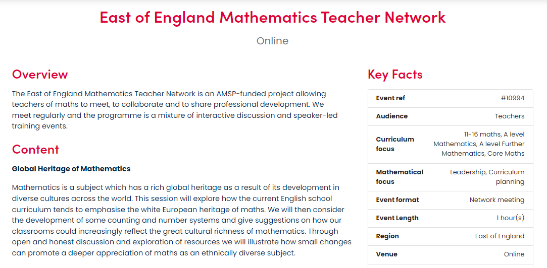 Lily Tang-Gentile (@cvcltang) on Twitter photo looking for ways to include the cultural richness of maths in your lessons? The next East of England online network meeting on Tue 7th Mar 4-5pm will focus on the Global Heritage of Mathematics-
#equalityanddiversity
<a href="/EEAMSP/">AMSP - East England</a> <a href="/CamMathsHub/">Cambridge Maths Hub</a>
amsp.org.uk/event/10994/ looking for ways to include the cultural richness of maths in your lessons? The next East of England online network meeting on Tue 7th Mar 4-5pm will focus on the Global Heritage of Mathematics-
#equalityanddiversity
<a href="/EEAMSP/">AMSP - East England</a> <a href="/CamMathsHub/">Cambridge Maths Hub</a>
amsp.org.uk/event/10994/