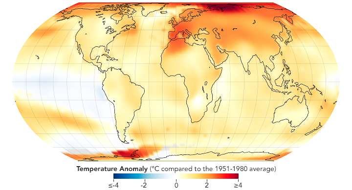 NASAEarth's tweet photo. #ICYMI: Earth’s average surface temperature in 2022 tied for the 5th warmest year on record, according to @NASA. 

This map shows global temperature anomalies in 2022, how much warmer or cooler each region of Earth was compared to the 1951-1980 average. https://t.co/KPmiZOOerx https://t.co/VJMVCostEl