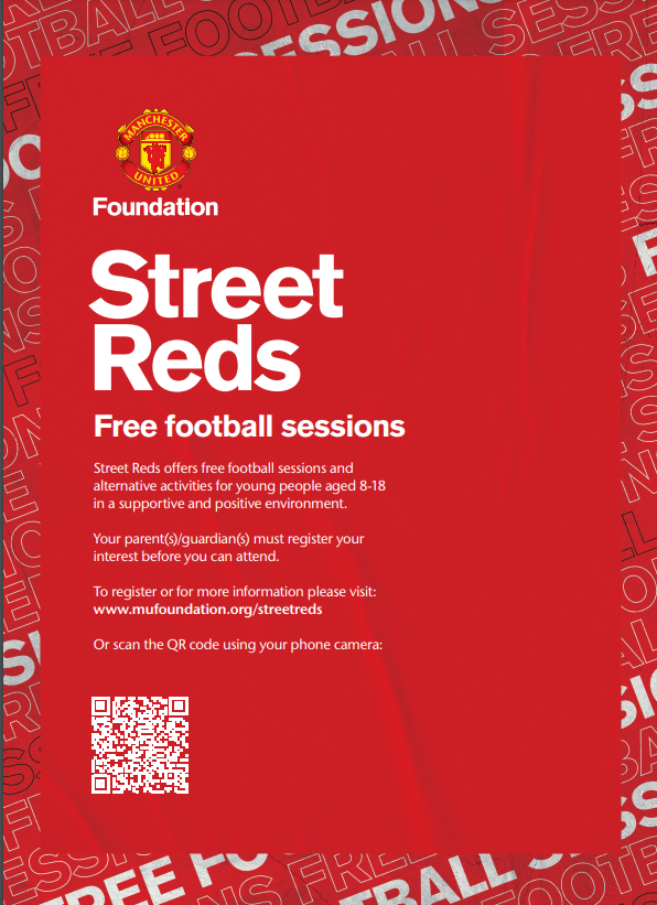 Fantastic opportunity @MU_Foundation #StreetReds free football sessions at Philips High Sports Centre, Monday evenings for aged 8-18.   
 
Click on this link  to register or for more information, or scan the QR code using your phone camera. 
mufoundation.org/streetreds