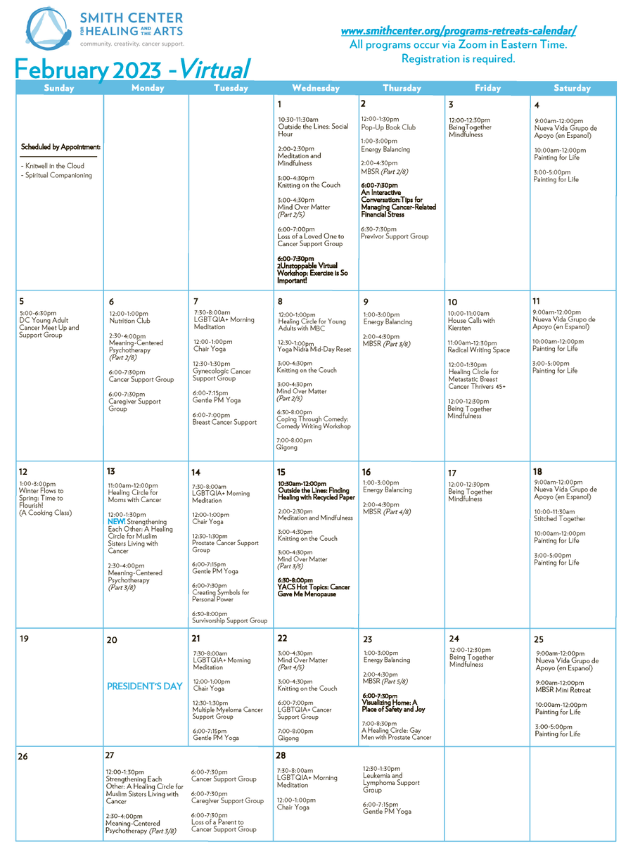 Virtual February Programs with Smith Center
Register at smithcenter.org/programs-retre… or email programs@smithcenter.org. 

#transformcancer #healingarts #ayacancer #cancersupport