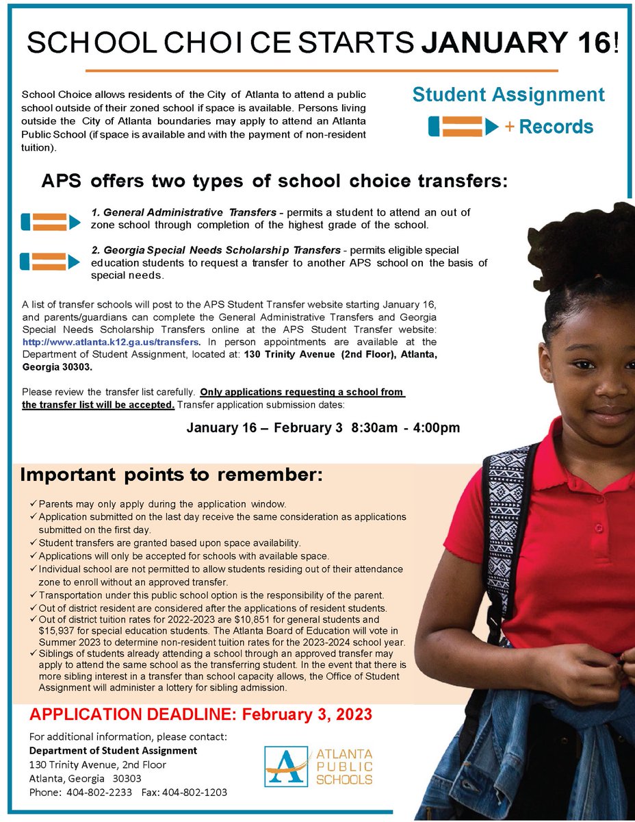 The SY2023-24 Neighborhood School Choice application window is now open until February 3rd! To apply, visit atlanta.k12.ga.us/transfers. Questions? Email us at studentassignment@apsk12.org <a href="/apsupdate/">ATL Public Schools</a>