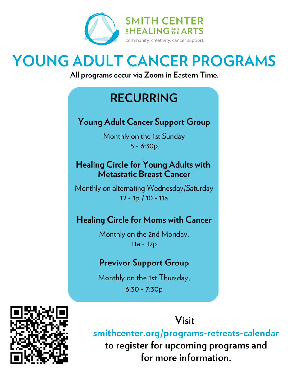 Updated Programming for February:
Featured Programs (Feb 2023)
Healing Circles and Support Groups
Recurring Programs
DC Young Adult Cancer Programs 
Register at smithcenter.org/programs-retre… or email programs@smithcenter.org.

#transformcancer #healingarts #ayacancer #cancersupport