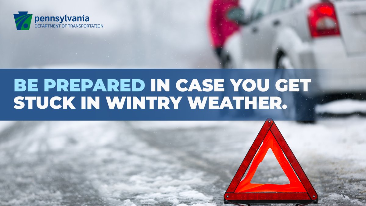 PennDOTNews's tweet photo. #WinterDrivingAwarenessWeek ❄️🚗
While it’s recommended you stay home during winter storms, we know that’s not always possible.
If you must travel, don’t leave home without your emergency travel kit!
More winter driving tips ➡️ https://t.co/JRr36dZMAo
#BeSafePA #PAWinter https://t.co/ATX71PLGbd