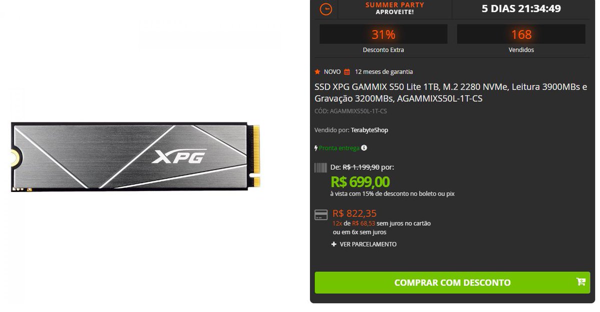 Terabyte on Twitter: "⚠OFERTA!!⚠ SSD XPG GAMMIX S50 Lite 1TB, M.2 2280 ...