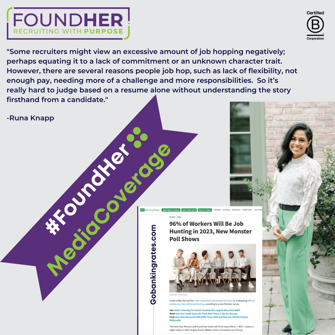 Co-FoundHer and Chief Business Development Officer at FoundHer, Runa Knapp, talked w/ <a href="/gobankingrates/">GOBankingRates</a> reporter <a href="/Yaelbiz/">Yael Bizouati</a> about job hopping and job hunting in 2023: More insights in the article link: 
buff.ly/3w6Jgwu 
#workingmoms #returntowork