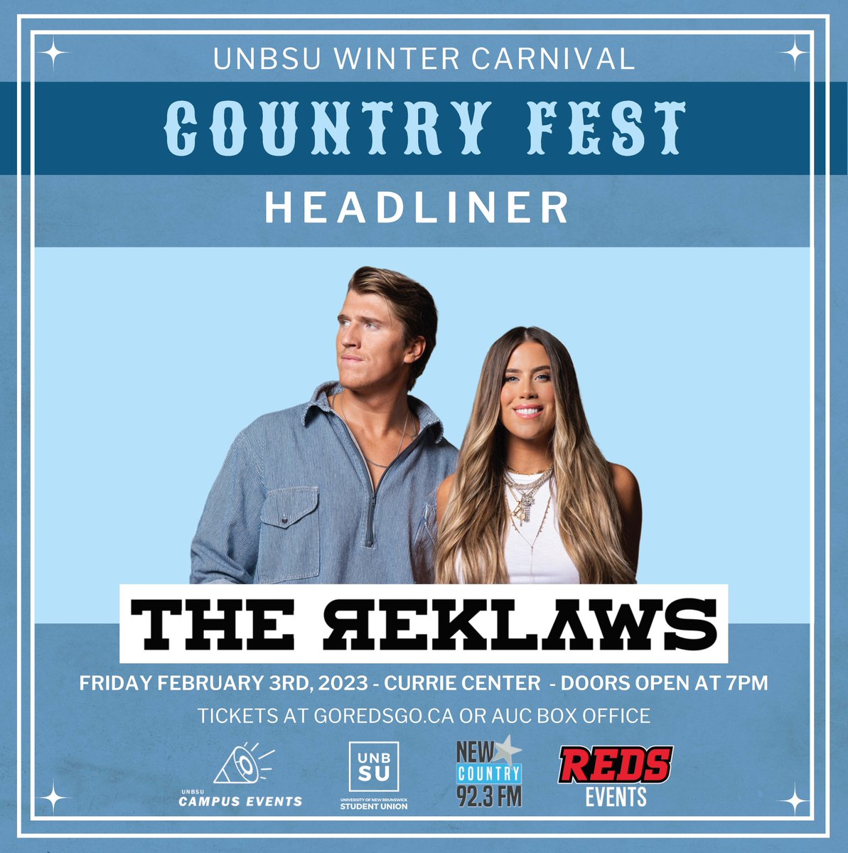 UNBAthletics's tweet photo. REDS EVENTS &amp; @UNBSU are bringing 6⃣X CCMA winners @thereklaws to @UNBFredericton 
They'll play @CurrieCenter on Friday, Feb. 3rd, part of UNBSU's Winter Carnival.
Sponsored by @NewCountry923 
Tickets on sale THURSDAY at 🔟:0⃣0⃣am.
Details: https://t.co/LvJSm0nfMC
#goredsgo https://t.co/T92cTw8trf