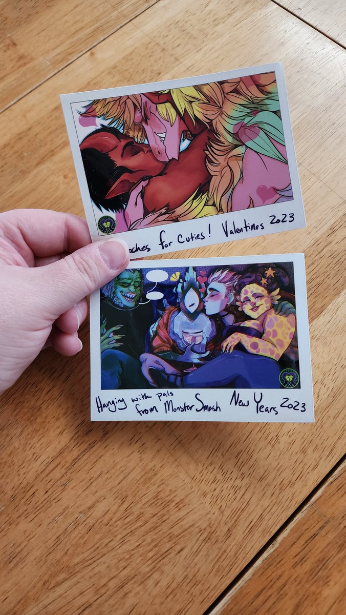 strangebedfella's tweet photo. Drop orders are being shipped today and i'm excited my new monthly stickers arrived in time! 
This year i'm planning to do a monthly Polaroid sticker in all orders :D
These are the first two, but the top one won't go out until February. 
Art by the amazing @MinionScribble! https://t.co/hCQqRaFwMa