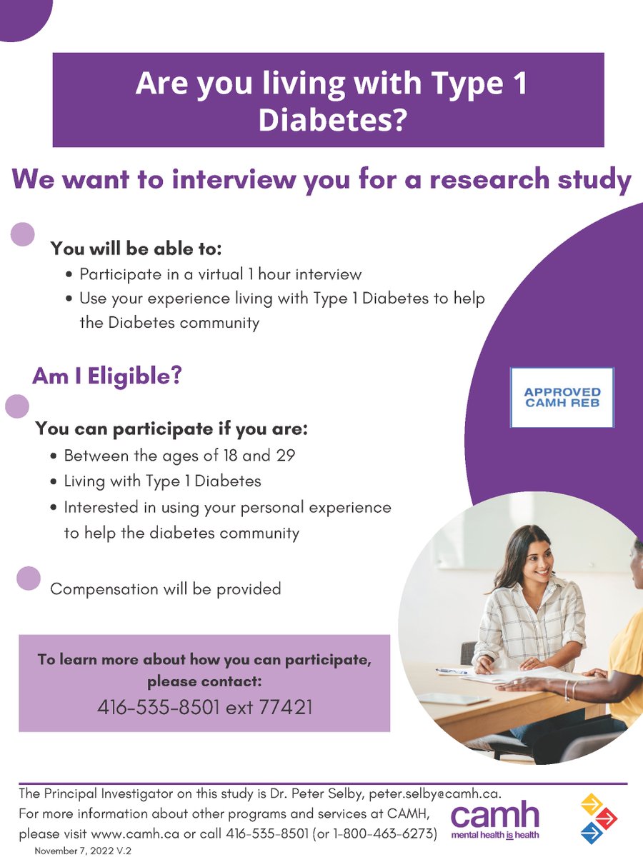 PSQuitSmoking's tweet photo. Living with Type-1 Diabetes (#T1D) can be challenging. A research team at @CAMHnews wants to understand your experience to help young Canadians manage the distress associated with diabetes.

To see if you're eligible &amp; to learn more about the study, contact Carly.Whitmore@camh.ca https://t.co/at2rl8Sstw