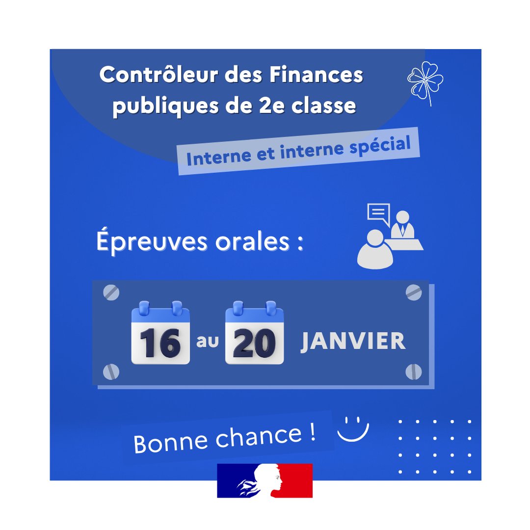 ENFiP_officiel's tweet photo. Les épreuves orales du #concours de contrôleur interne et interne spécial de la @dgfip_officiel se déroulent du 16 au 20 Janvier 2023 .
🍀🤞 Bonne chance à tous les candidats !
📅 Rendez-vous le 3️⃣ février 2023 pour les résultats !
#DGFiP #concours #PromotionInterne https://t.co/4EqXmkuteL