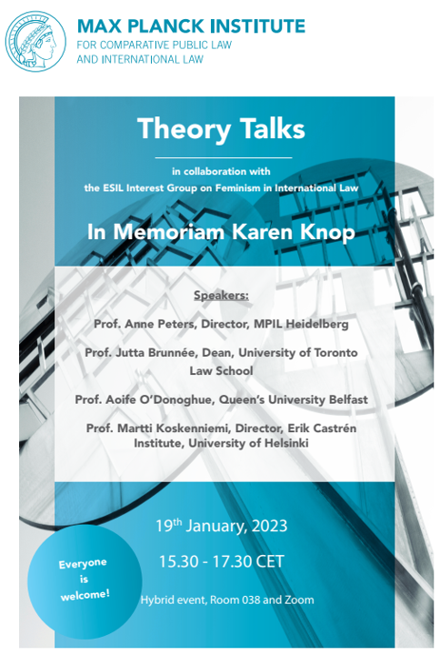 TomSparks_Law's tweet photo. There's still time to register for our joint @MPILheidelberg &amp; @esil_sedi #Feminism IG #TheoryTalks session celebrating the legacy of @karen_knop 

Please join us, in person or online
Date:  19 January 2023, at 15.30 CET

Sign-up details below👇 All are welcome! https://t.co/1f9uLD2mPu