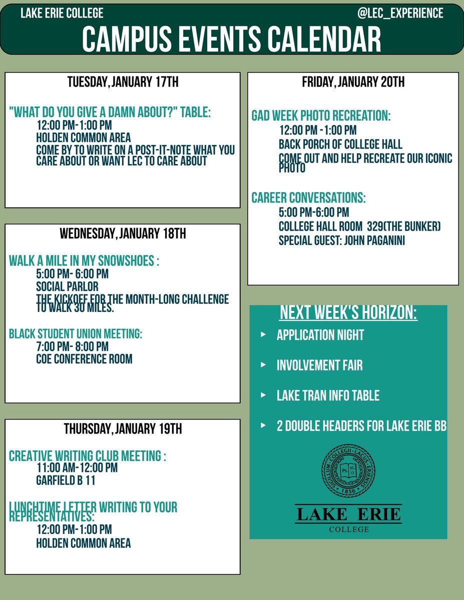 LEC_Experience's tweet photo. Check out what’s happening this week on campus!
#lec #lakeeriecollege #lecexperience https://t.co/A9dhgJ6AJd