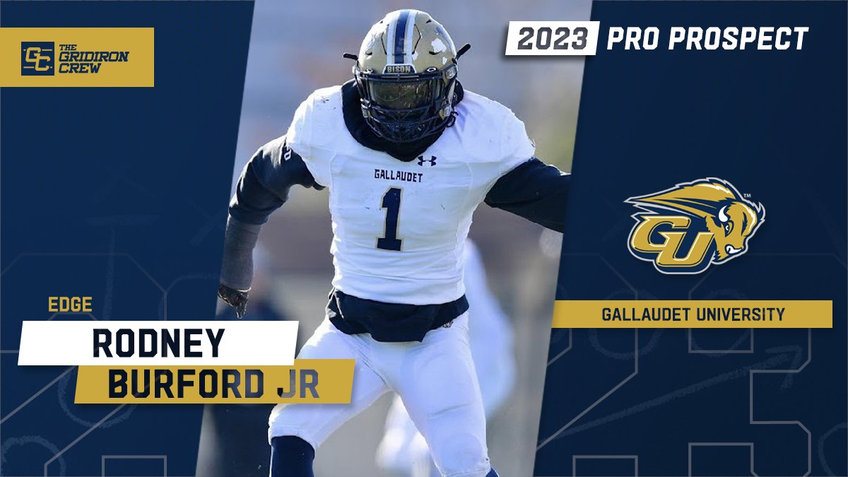 ⚠️ Attention Pro Scouts, Coaches, and GMs ⚠️ You need to look at 2023 Pro Prospect, Rodney Burford Jr @Rodburf, an EDGE/OLB from @GallaudetBison #2023ProProspect #DraftTwitter #NFLDraft #CFL #XFL #USFL #ProFootball 🏈 👀 See our Interview: thegridironcrew.com/rodney-burford…