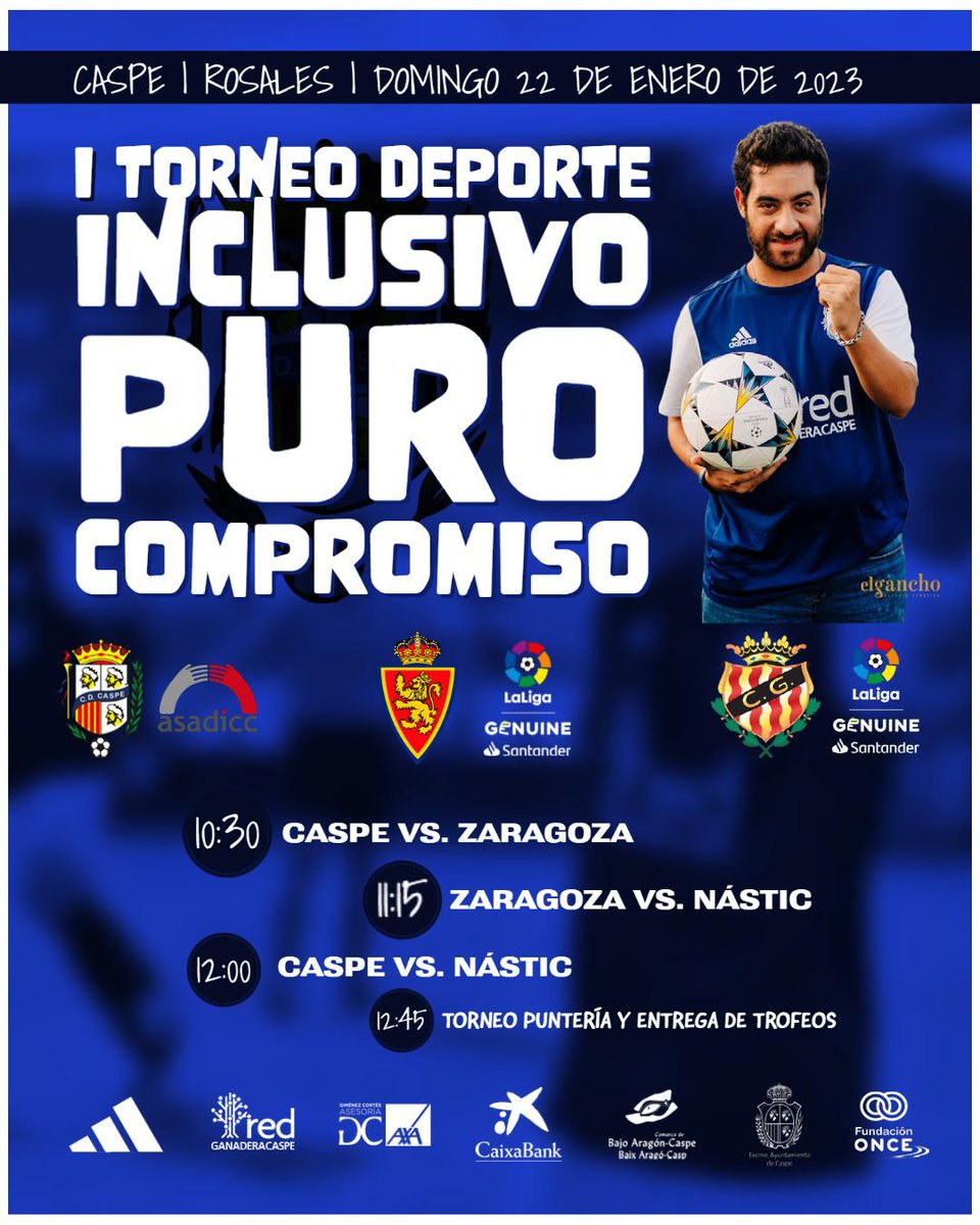 cdcaspe_oficial's tweet photo. 💙 Caspe presenta la primera edición del Torneo PURO COMPROMISO con la participación de nuestro equipo CLUB DEPORTIVO CASPE-ASADICC y la visita de dos de los equipos de La Liga Genuine @LaLigaGenuine: El @RealZaragoza  y el @NASTICTARRAGONA @GenuineNastic https://t.co/QtcjaZxAAl