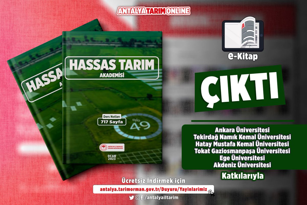 antalyailtarim's tweet photo. Hassas Tarım Akademisi 

#MÜJDE

Hassas Tarım eğitim serimizin 717 sayfalık ders notları e-Kitabı
#ÇIKTI

#GelecekTarımda
#TarımAntalyada

#Ücretsiz İndirin
👇
https://t.co/LIcfpJdr8e

@gokhankaraca_  @ersinyazici1 @VahitKirisci @trgmresmi @AnkaraUni

#Antalya https://t.co/jNF087hvSA