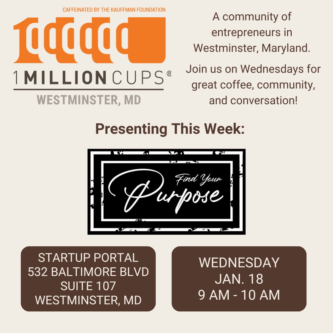 Tomorrow's <a href="/1MCWestminster/">1MC Westminster</a> speaker is Find Your Purpose (findyourpurposeinc.com), a #nonprofit organization doing great things right here in #WestminsterMD!

Join us at <a href="/StartupPortal/">Startup Portal</a> for the in-person meeting or catch the livestream over at facebook.com/1MCWestminster