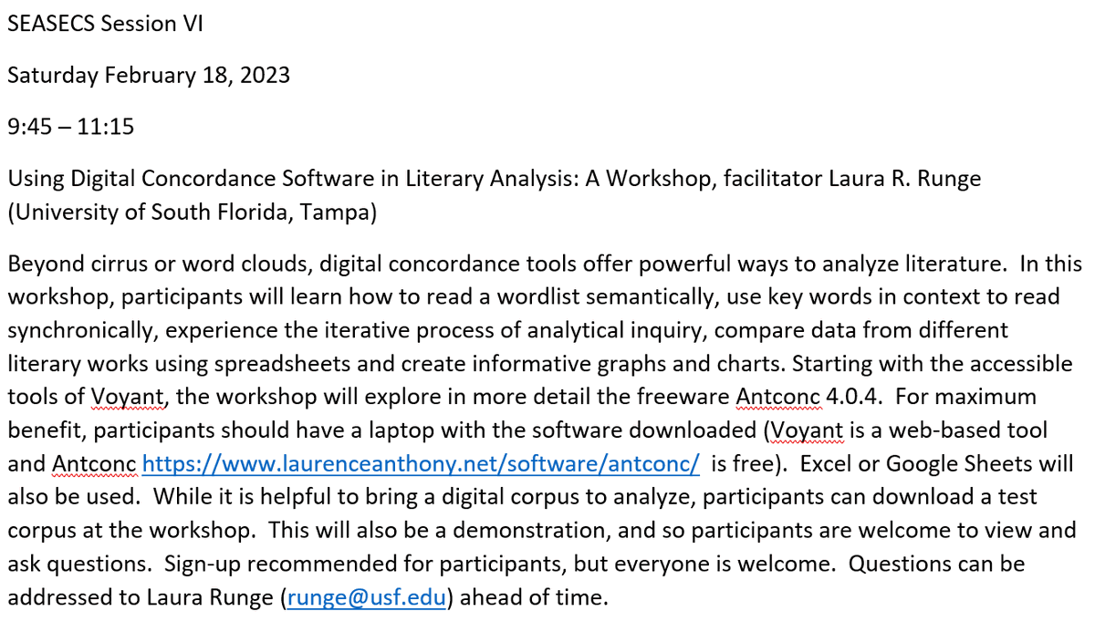 Attending SEASECS in Decatur? If you are curious about digital concordance software #voyanttools #antconc in literary criticism, bookmark my workshop on Sat AM
@jackderochi <a href="/hilaryhavens/">Hilary Havens</a> @paulabackscheider <a href="/cingrass/">Catherine Ingrassia</a> @marilynfrancus <a href="/elizabethKraft/">elizabeth kraft</a> <a href="/sheastuart/">shea stuart</a>