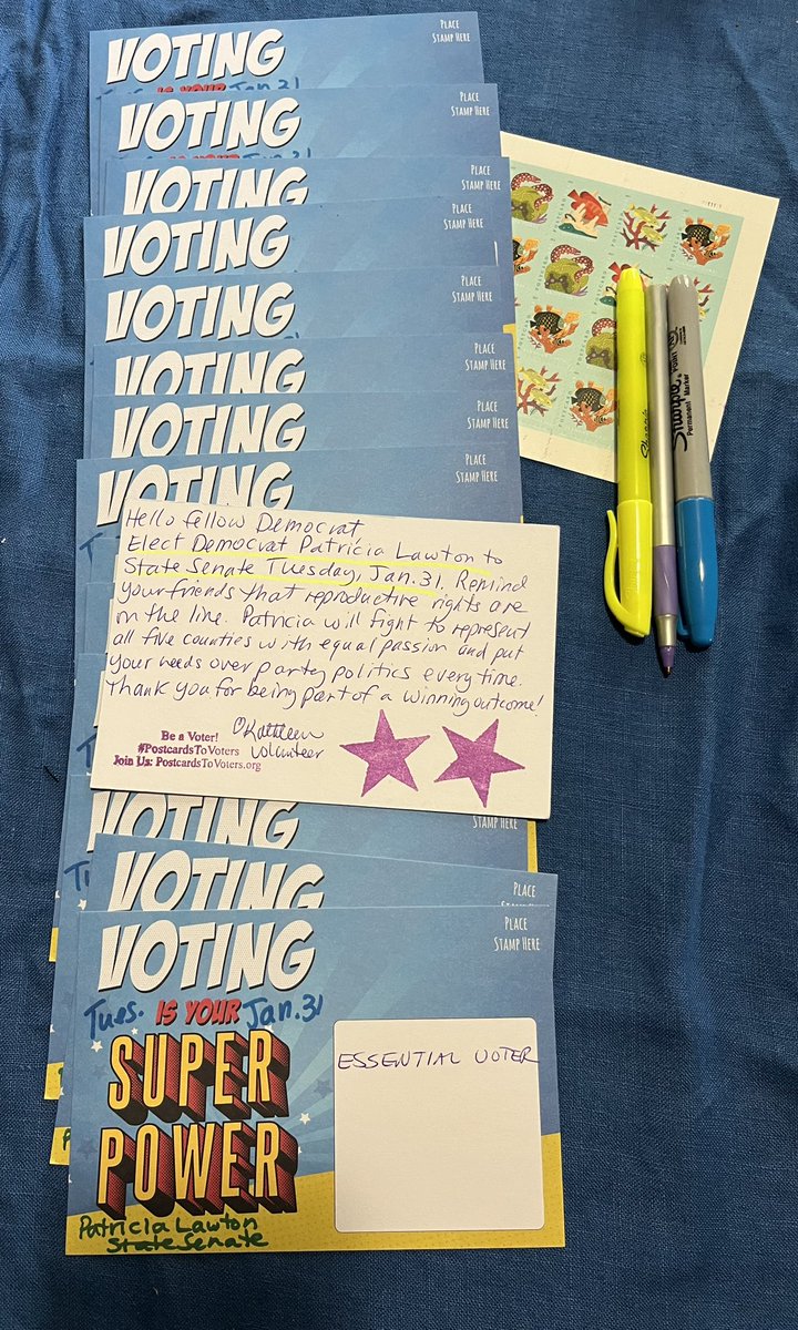 Moodmachine's tweet photo. #postcardstovoters going out today for Patricia Lawton for Pennsylvania State Senate District 27. Vote Tuesday January 31. #PattyForPa @DemocratWit #VoteBlue https://t.co/ocXlqk3lfc