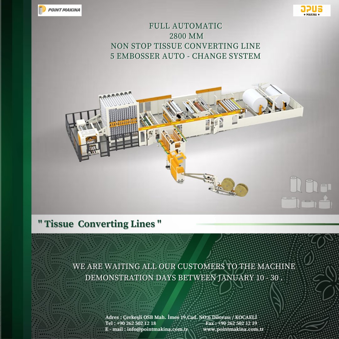 opusmakinatr's tweet image. We are waiting all our customers to the machine demonstration days between january 10 - 30 .

#pointmakina #opusmakina #tissuemachine #tissuebusiness #engineer  #technology #technologysolutions