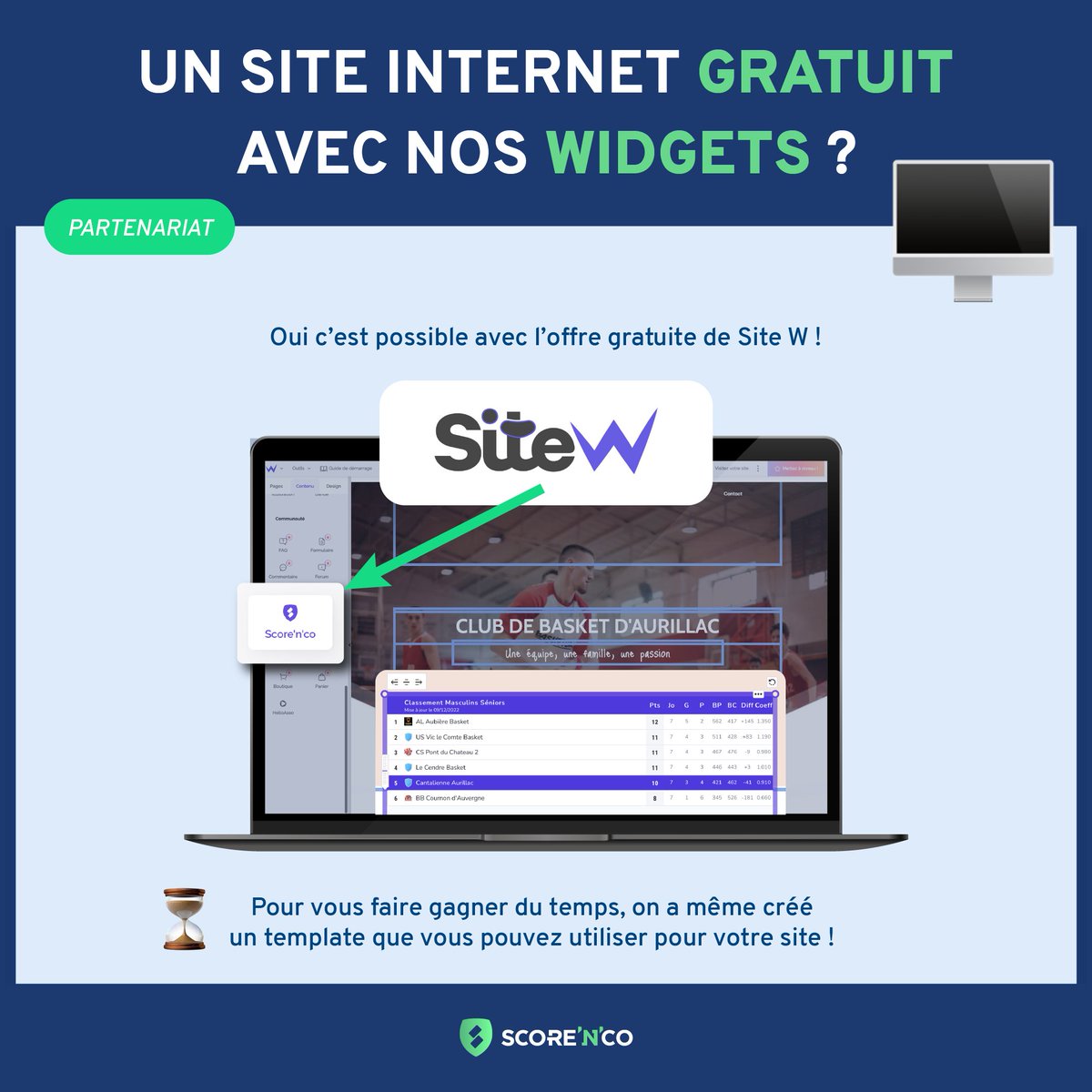 Score'n'co et <a href="/SiteW_fr/">SiteW | Créer son Site Web / Store | 🇫🇷+IA+🧠=🚀</a> deviennent partenaires ! 🤝🏻

Objectif : Offrir des nouvelles solutions aux clubs et associations de sport de France 💪🏼🇫🇷 

Tous nos widgets sont désormais disponibles dans SiteW. 
L'offre de base vous permet de créer un site internet gratuitement ! ✨