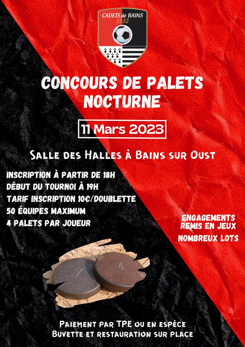 CadetsBains's tweet image. Les 𝘾𝙖𝙙𝙚𝙩𝙨 𝙙𝙚 𝘽𝙖𝙞𝙣𝙨 organisent leur 𝙘𝙤𝙣𝙘𝙤𝙪𝙧𝙨 𝙙𝙚 𝙥𝙖𝙡𝙚𝙩𝙨 𝙣𝙤𝙘𝙩𝙪𝙧𝙣𝙚 le 11 Mars.

👉🏼 N’hésitez pas à partagez