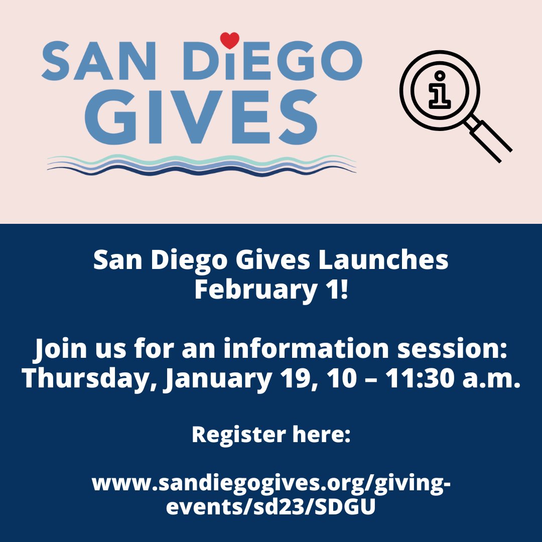 Reminder: San Diego Gives Launches February 1! Join us for an information session this Thursday, January 19 to learn more. Register by visiting: sandiegogives.org/giving-events/…