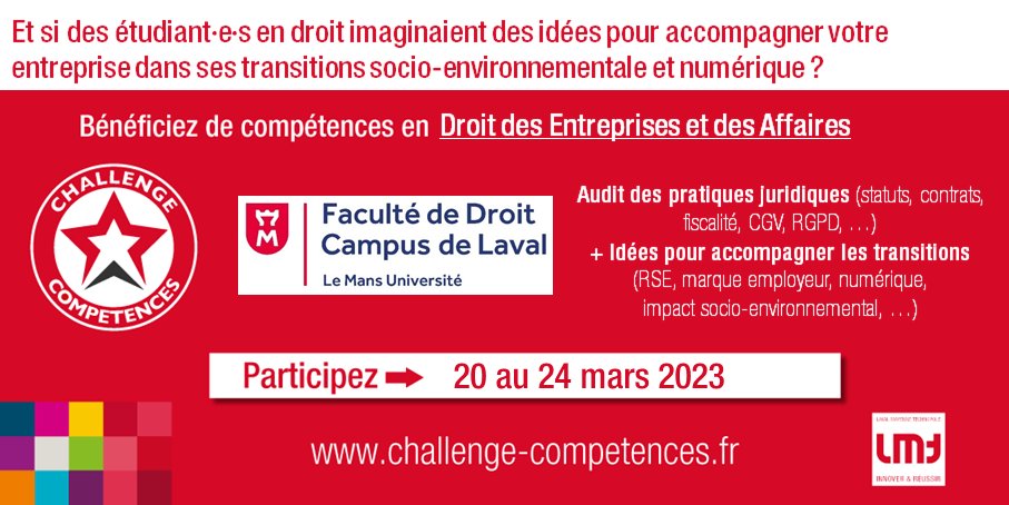 Et si les étudiant·e·s de en #Droit des Entreprises et des Affaires innovaient votre #entreprise ? Participez au #ChallengeCompétences de <a href="/LMTinnovation/">LMT</a> ! Prenons RDV pour en discuter calendly.com/charlotte-duval #audit #transition #rse #impact #numérique