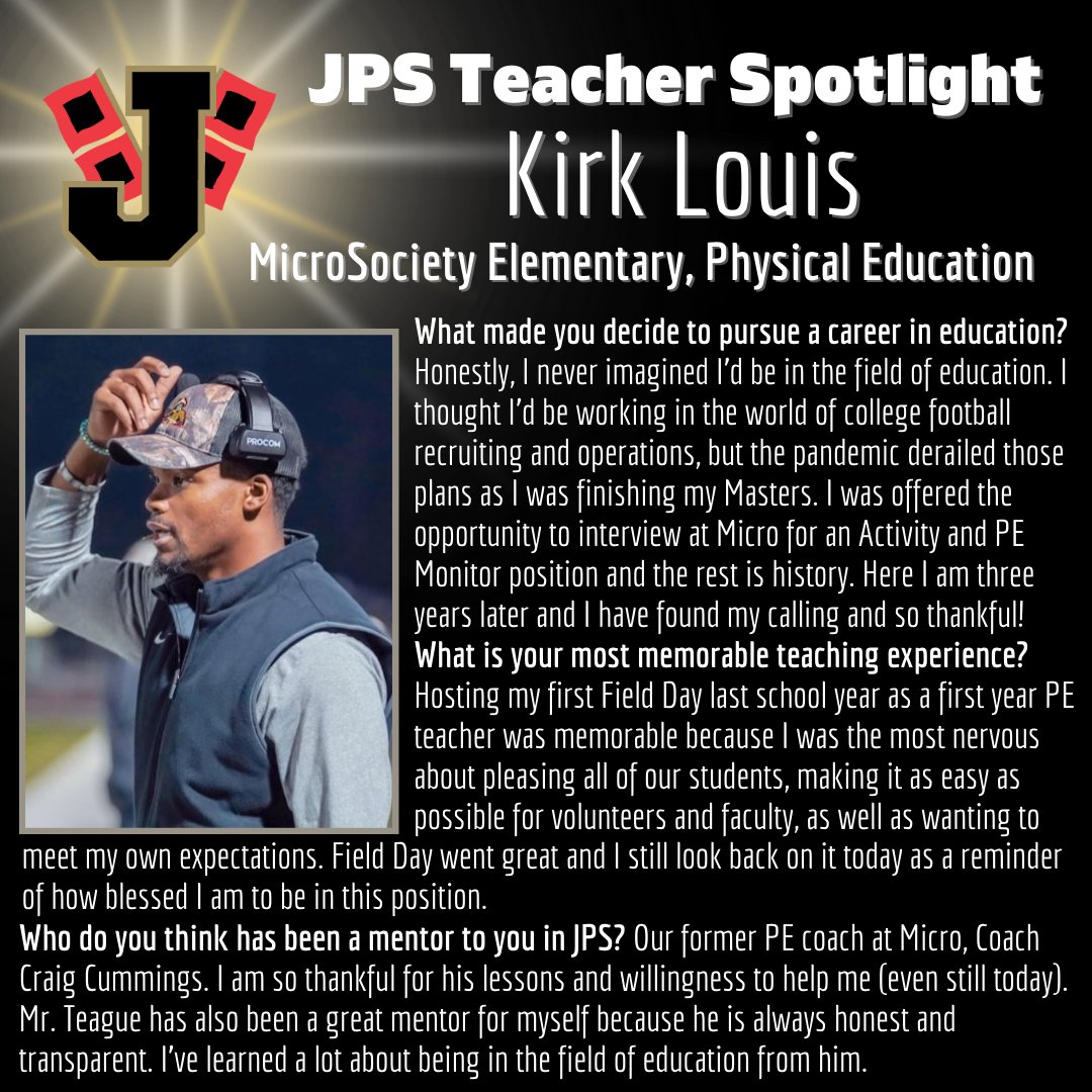 JPSHurricane's tweet photo. This week's JPS teacher spotlight is Kirk Louis, physical education teacher at Microsociety Magnet School. Congrats Mr. Louis!  #CaneClassroom #CaneOTR https://t.co/sIhMMFhecH