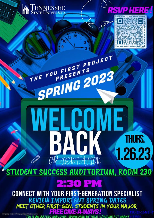 Start the year off right. Resolve to connect with The You First Project and Your First-Generation Specialist this spring! Join us for our Welcome Back- Spring Orientation on Thursday, January 26th at 2:30 pm in the Student Success Center Auditorium. Check your email soon!