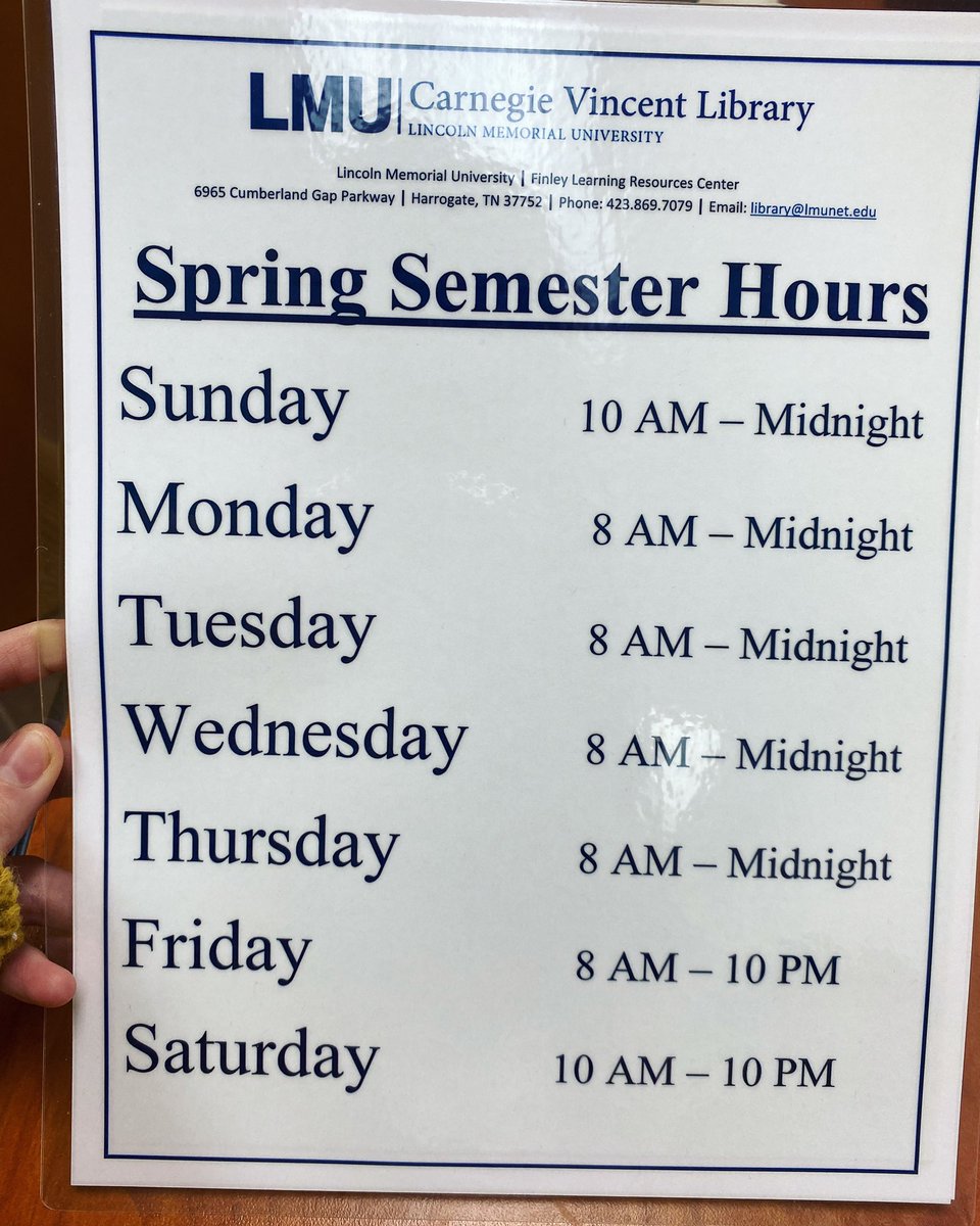 LMULibraries's tweet photo. Our library spring semester hours have officially started! #lmu #lmulibraries #lincolnmemorialuniversity https://t.co/KNBknOqhlA