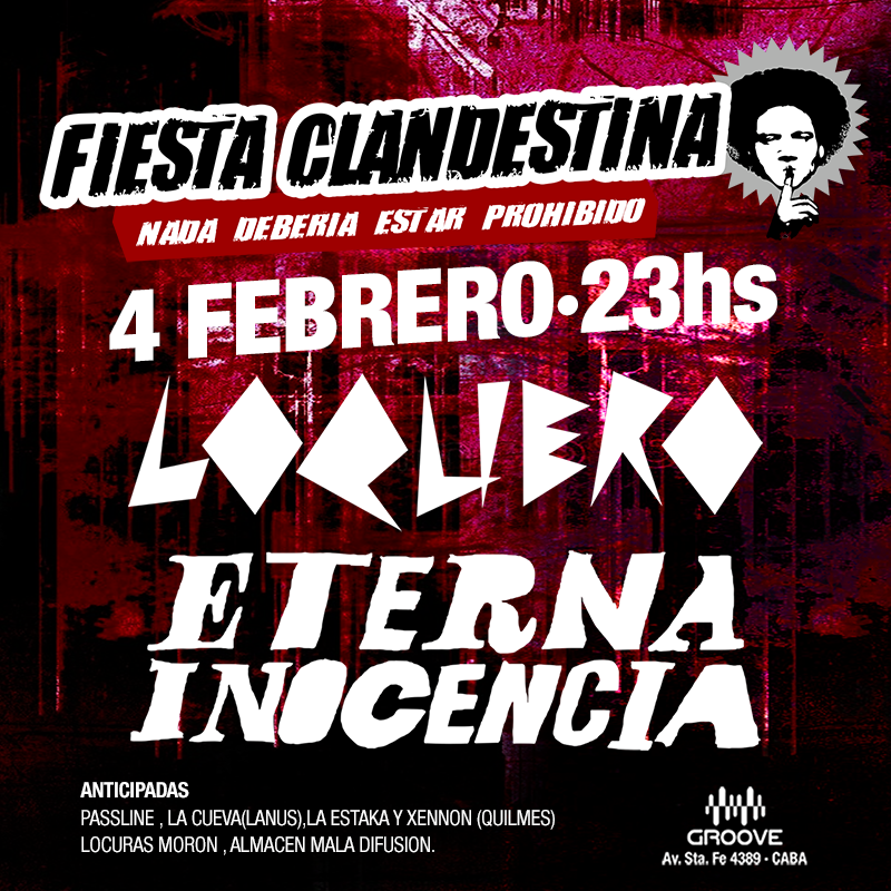 Sábado 4 de Febrero, 23 hs
#Clandestina con <a href="/LOOQUEEROO/">LOQUERO</a> y #EternaInocencia!
EN <a href="/palermogrooveok/">PALERMO GROOVE</a> !

Anticipadas en #Passline y en los lugares de siempre! #CervezaLibre (OPCIONAL!)

passline.com/eventos/fiesta…