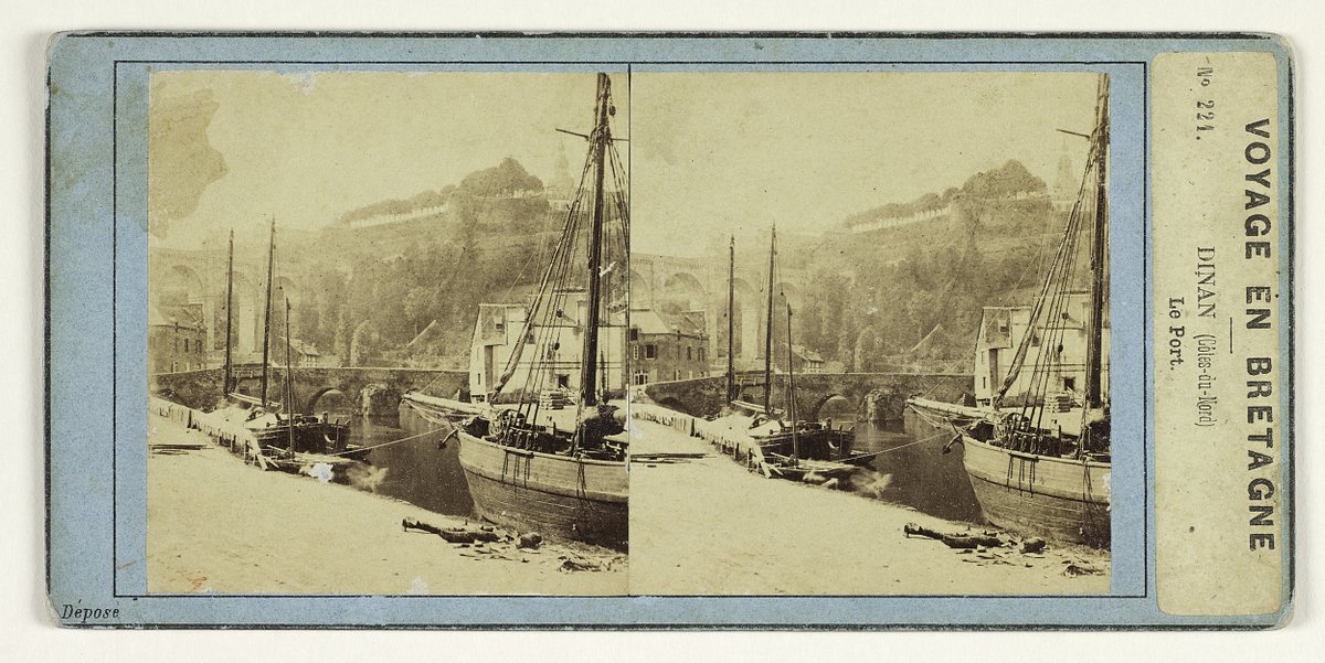 Dans les collections du @museedebretagne , le port de @villededinan vu de Lanvallay, photographié sous la brume en 1857 par Charles Furne et Henri Tournier. 
On discerne le viaduc, la tour Sainte-Catherine, et au loin le clocher de la basilique Saint-Sauveur. 
#photo  #Bretagne